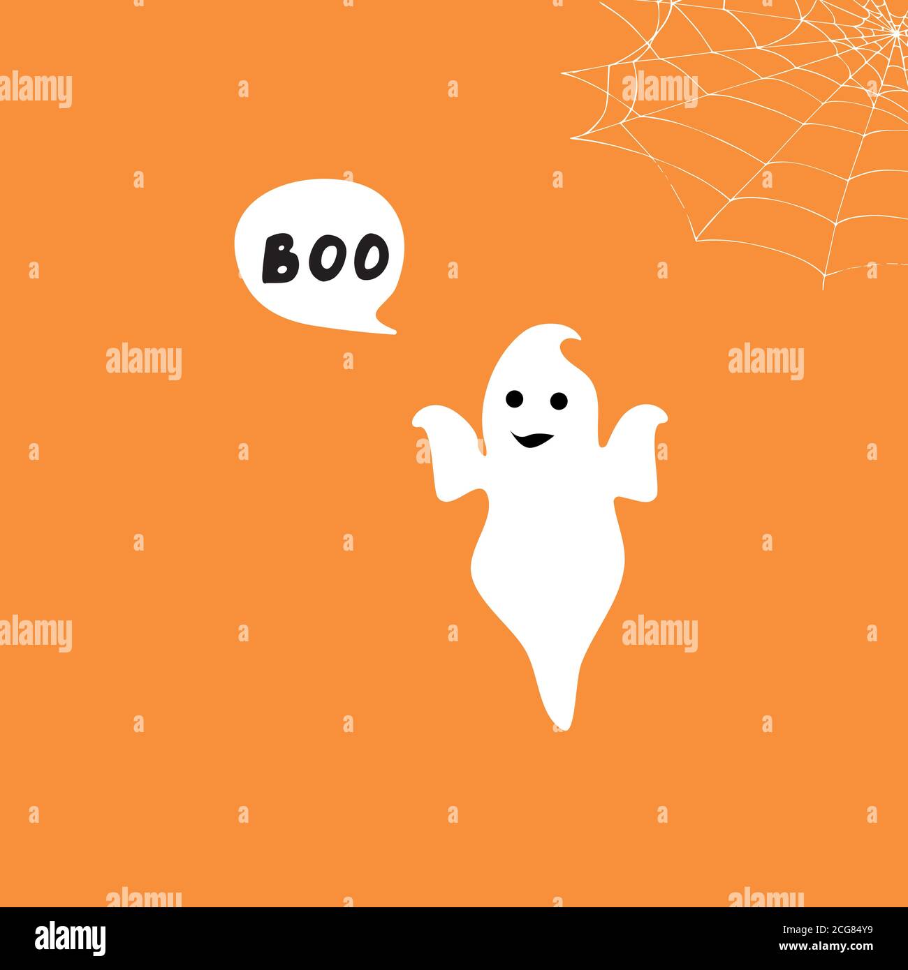 Happy flying Ghost mit weißen Sprechblase Buh. Lächelndes Gesicht, Hände. Flache Bauform. Stock Vektor