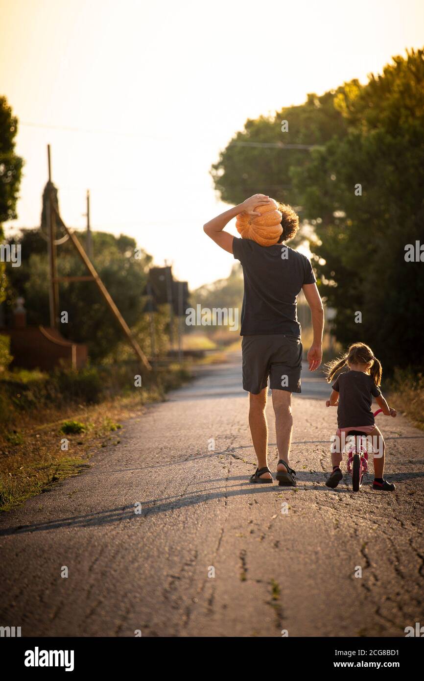 Kleines Mädchen, Fahrrad fahren, mit ihrem jungen Vater trägt einen großen halloween-Kürbis auf einer Landstraße bei Sonnenuntergang. Rückansicht. Vertikale Aufnahme. Stockfoto