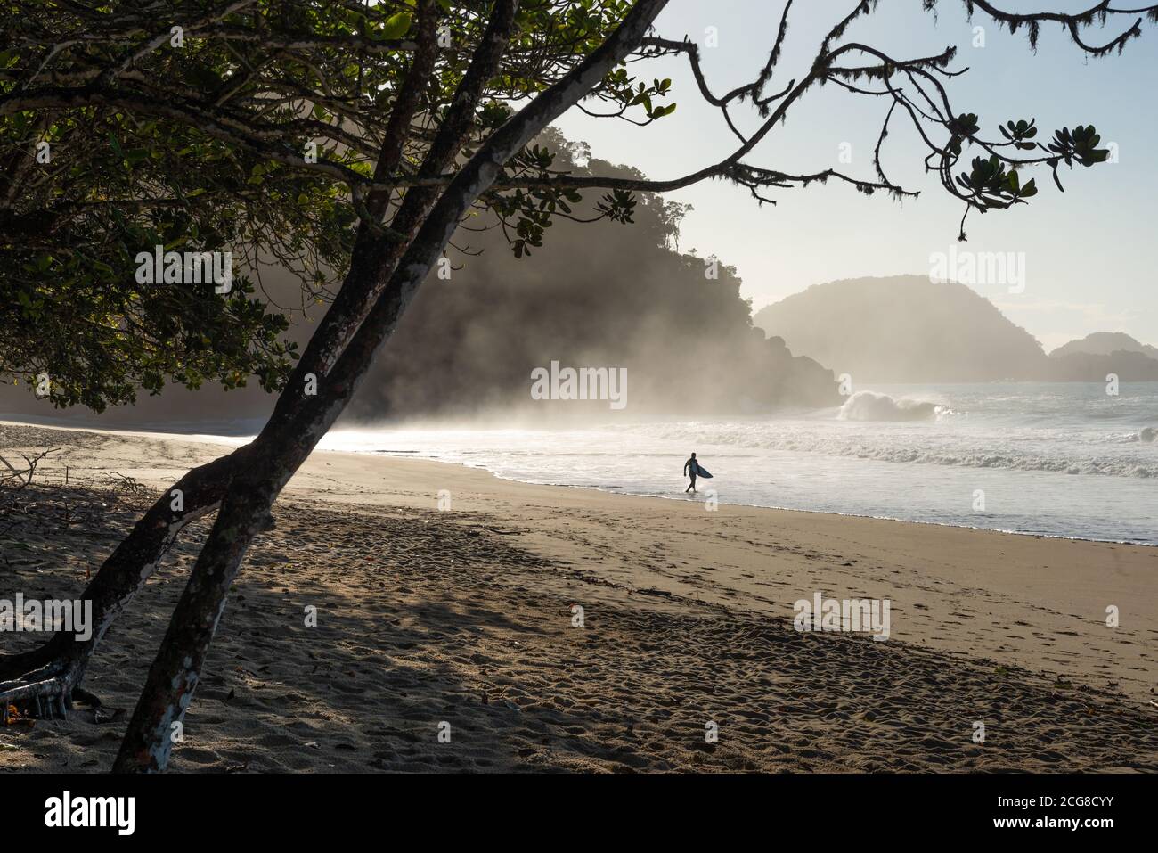 Ein Surfer am Felix Beach, in Ubatuba, Süd-Brasilien Stockfoto