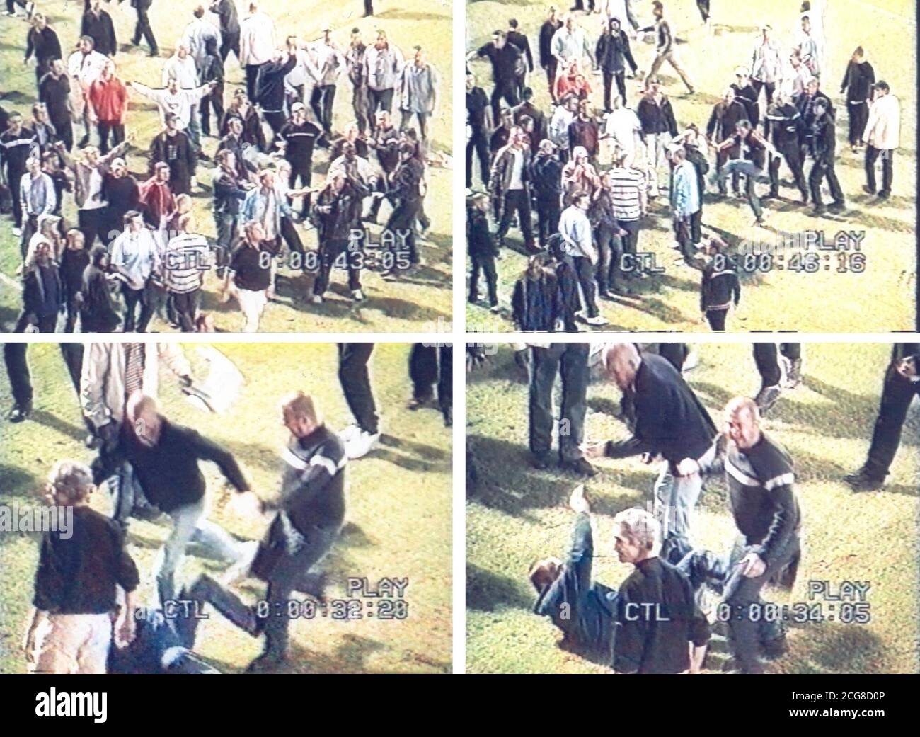 Zusammengesetzte CCT-Bilder von der Polizei von Herts. : sechs Fußball-Hooligans wurden eingesperrt, für den Kampf vor einem Worthington Cup Derby Clash. Die Fans von Luton Town waren an einem "orchestrierten" und "organisierten" Kampf vor dem Moon Under Water Pub vor dem Watford und Luton Town Spiel am 10. September letzten Jahres beteiligt. Insgesamt 20 Menschen wurden für fast 20 Jahre wegen Massenverdränge sowohl innerhalb als auch außerhalb von Watfords Vicarage Road Ground eingesperrt. Stockfoto