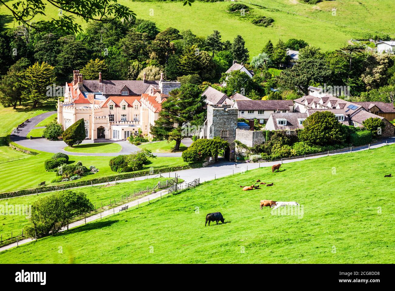 Blick über Lee Abbey in der Nähe von Lynton und Lynmouth, North Devon, England, Großbritannien Stockfoto