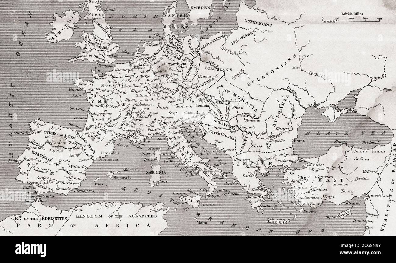 Karte von Europa unter dem Reich Karls des Großen. Aus der National Encyclopedia: A Dictionary of Universal Knowledge, erschienen um 1890 Stockfoto