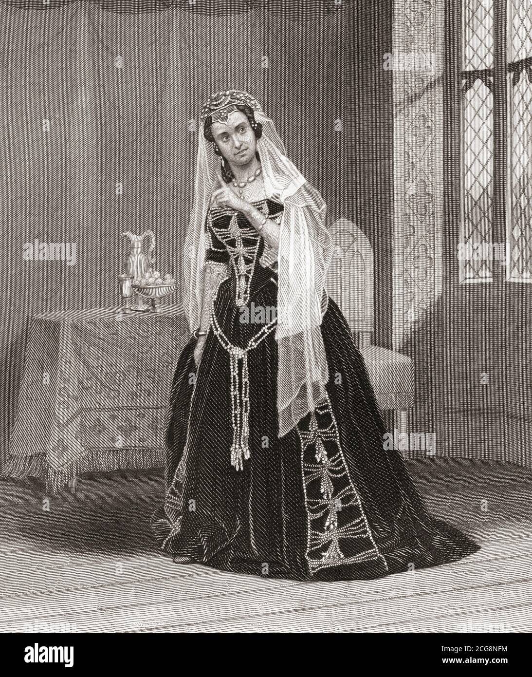 Madame Celeste in der Rolle der Prinzessin Katherine in Shakespeares Stück Henry V. Madame Céleste oder Madame Céline Céleste-Elliott, 1815? - 1882. Französische Tänzerin und Schauspielerin. Stockfoto