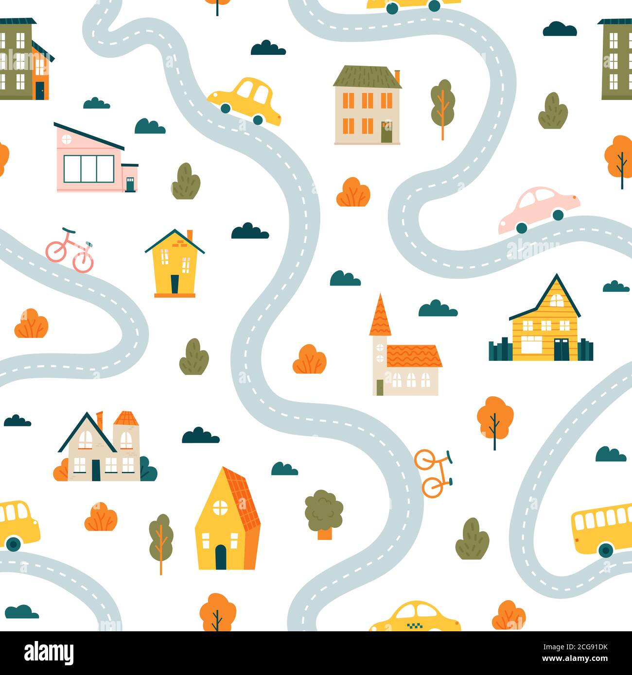 Stadtplanmuster. Nahtlose nette Stadtlandschaft Karte, minimalistische Häuser, Bäume und Autos, einfache Hand gezeichnete Straßen Vektor Hintergrund Illustration Stock Vektor