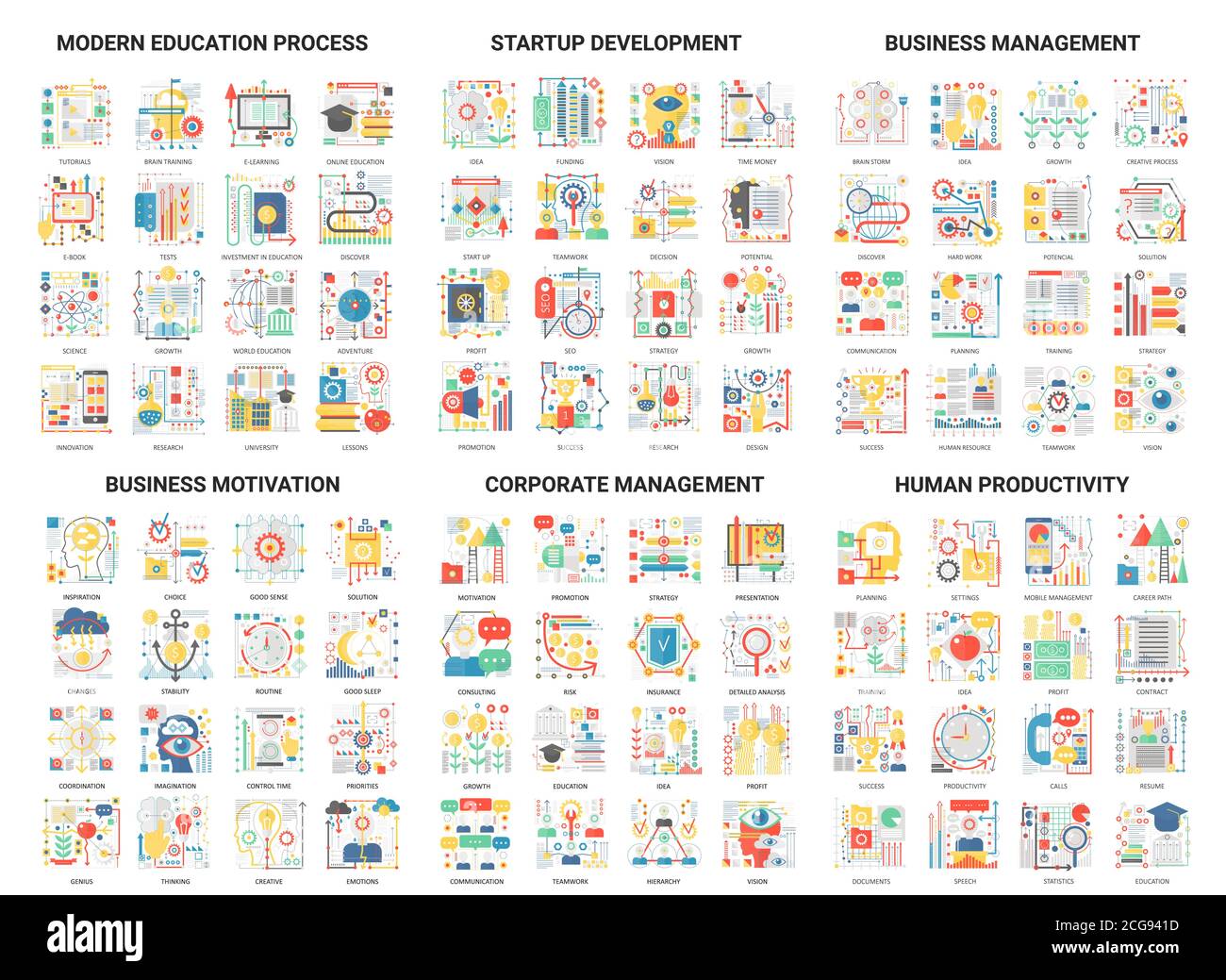 Komplexes Konzept flache abstrakte Vektor-Icons, modernes Design Icon Set Bildungs-und Entwicklungsmanagement, Corporate Business Bildungsprozess und Startup, Motivation für die menschliche Produktivität Stock Vektor