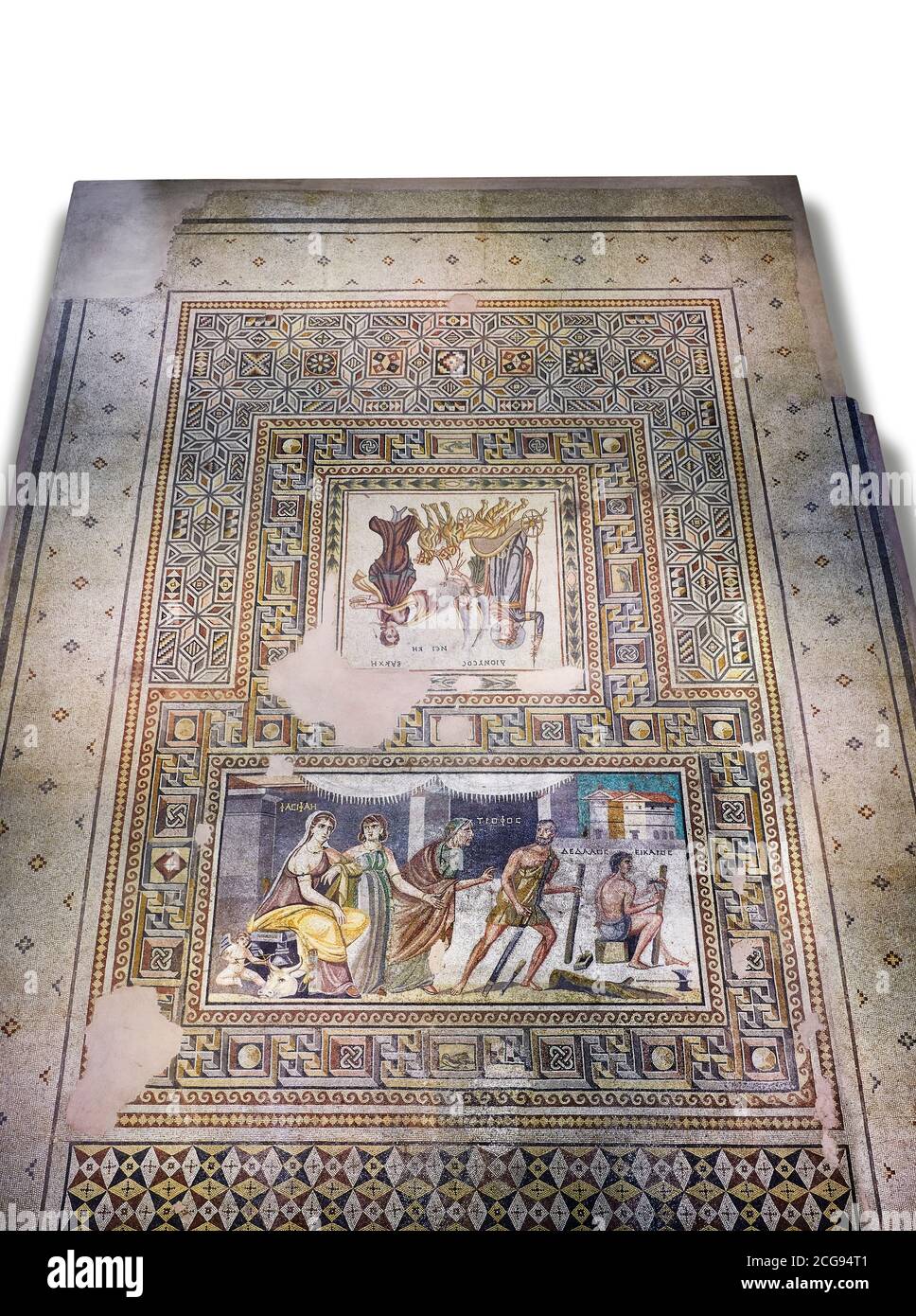 Römische Mosaiken - Mousai Mosaic. Euphrat Villa, Altertümliches Zeugama, 2. - 3. Jahrhundert n. Chr. Zeugma Mosaic Museum, Gaziantep, Türkei. Gegen einen weißen Rücken Stockfoto
