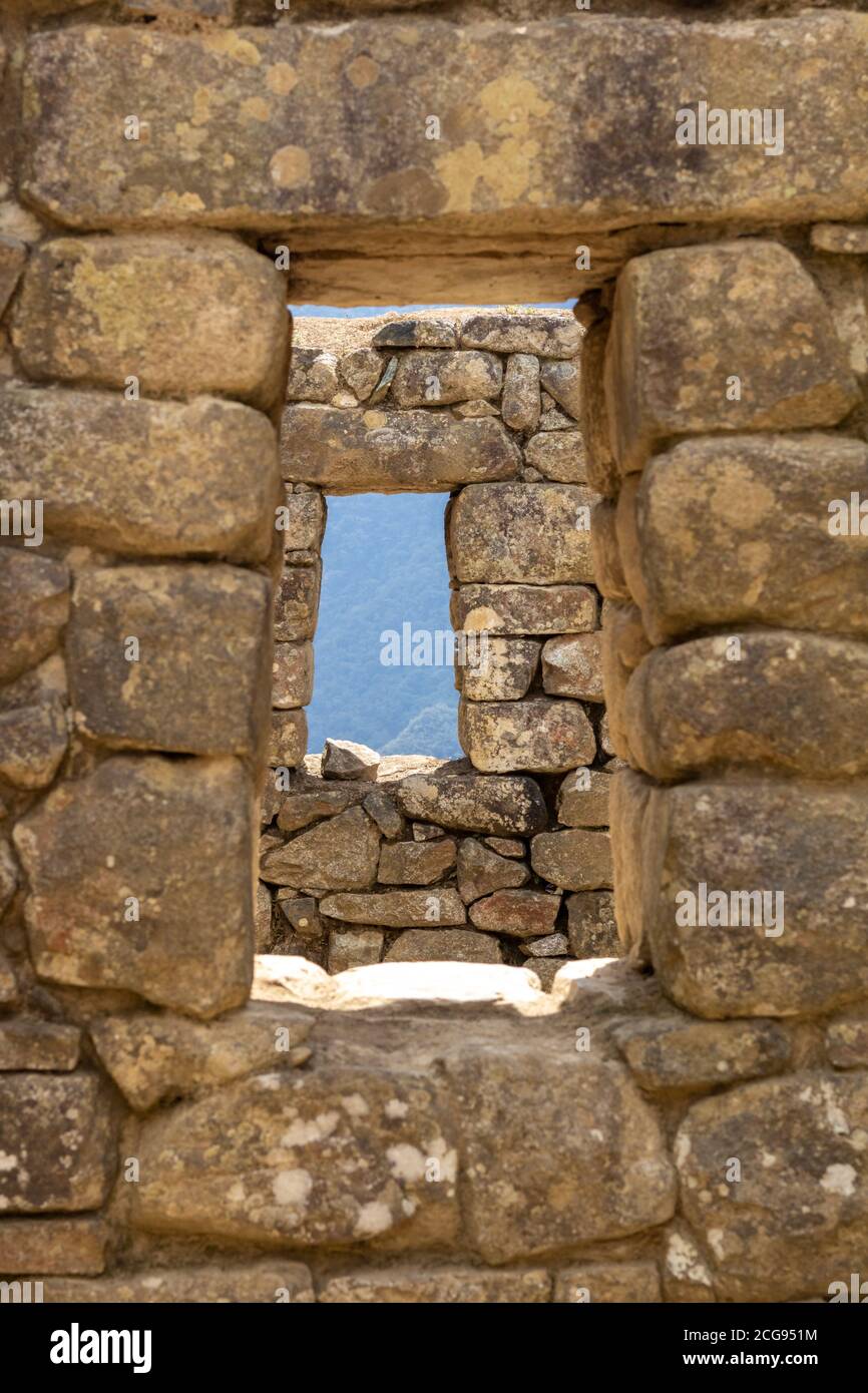 Szenen aus den Ruinen und der Inka-Stadt Machu Picchu in Zentral-Peru in Südamerika Stockfoto