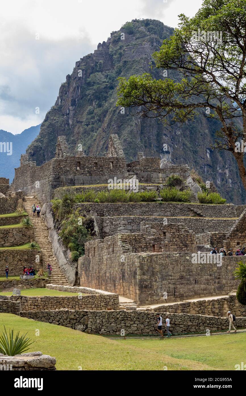 Szenen aus den Ruinen und der Inka-Stadt Machu Picchu in Zentral-Peru in Südamerika Stockfoto