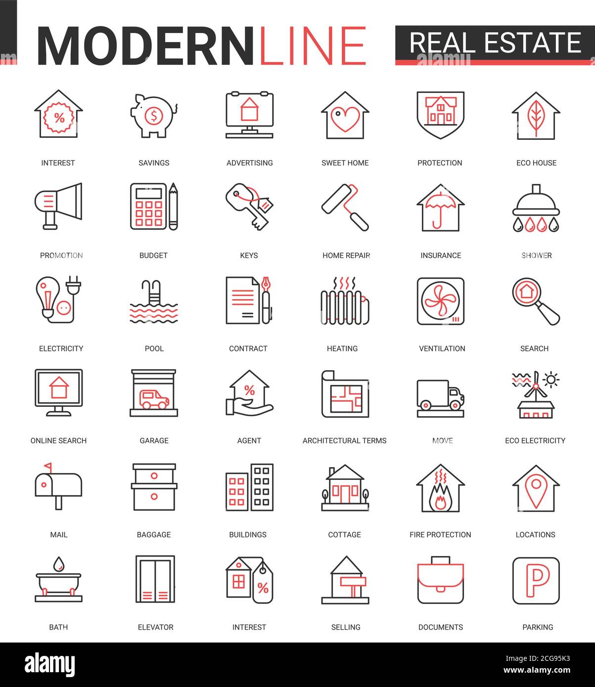 Immobilien dünne rote schwarze Linie Symbol Vektor Illustration Set. Lineare Symbole des Hausverkaufs oder Versicherungsvertrag, Hypothekenrechner der Wohnung zu Hause suchen App, Haushaltsgeräte editierbaren Schlaganfall Stock Vektor
