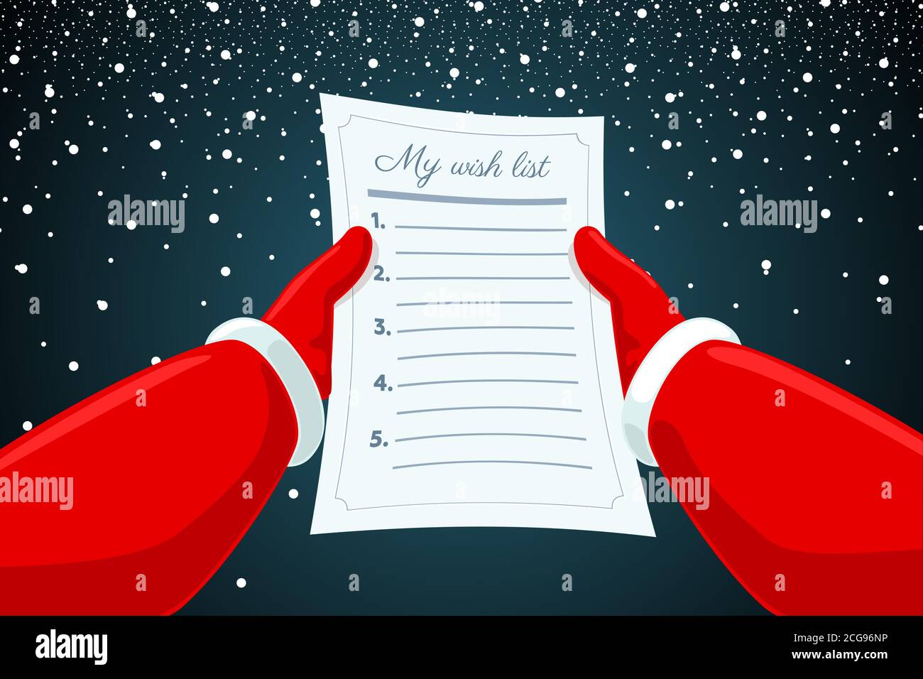 Santa Claus Hände halten und lesen Brief Wunschliste Papier auf schneebedecktem Hintergrund. Weihnachten und Happy New Year Urlaub Cartoon Vektor-Illustration leere Formularblatt Wunschliste Stock Vektor
