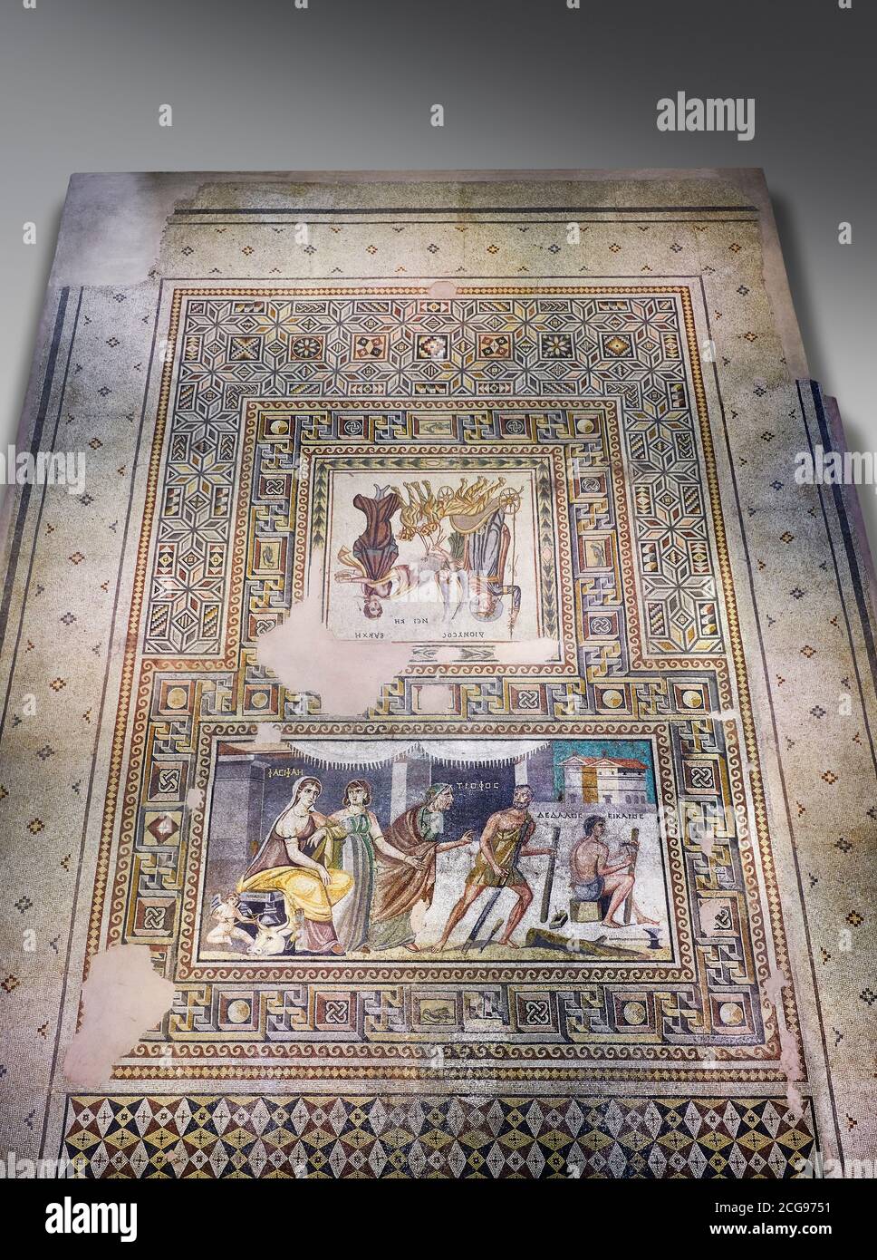 Römische Mosaiken - Mousai Mosaik. Euphrat Villa, antike Zeugama, 2. - 3. nachchristlichen Jahrhundert. Das Zeugma Mosaic Museum, Gaziantep, Türkei. Stockfoto