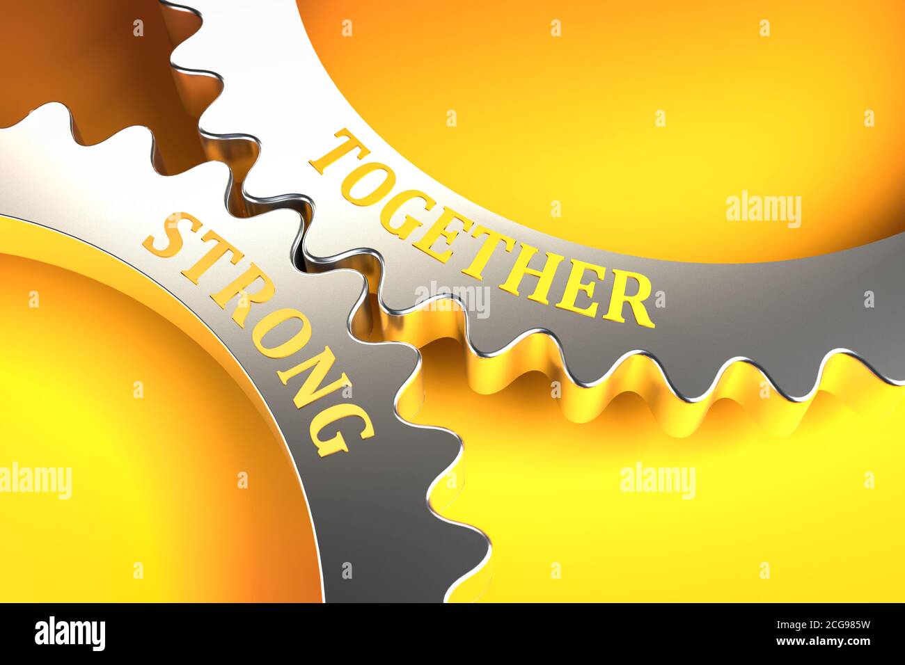 Konzept: Ausdruck "zusammenhalten" auf Zahnrädern, die ineinander passen. Metapher Stockfoto