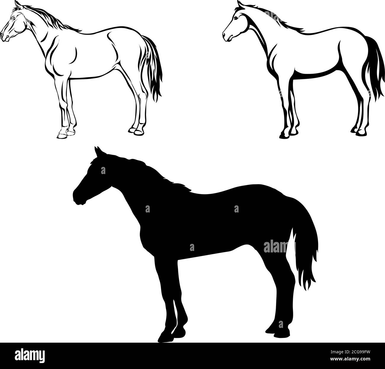 Pferd, Zeichnung, schwarz, Silhouette, Symbol, Illustration, Bild, Bild, isoliert, Rassen, Vektor, Linie, Galopp, Kopf, Mähne, Hengst, Stock-Raising Stock Vektor