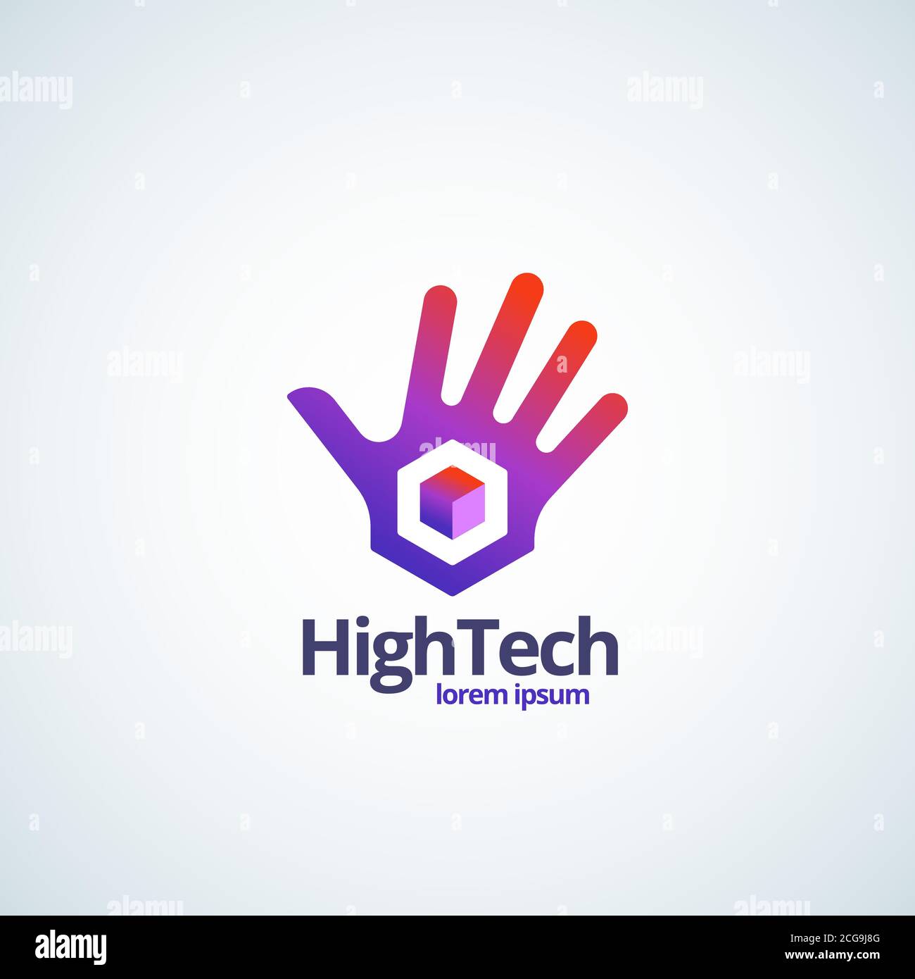 High Technology Absstract Vektor-Zeichen, Symbol oder Logo-Vorlage. Handhand mit Würfelgradient-Symbol mit moderner Typografie. Stock Vektor