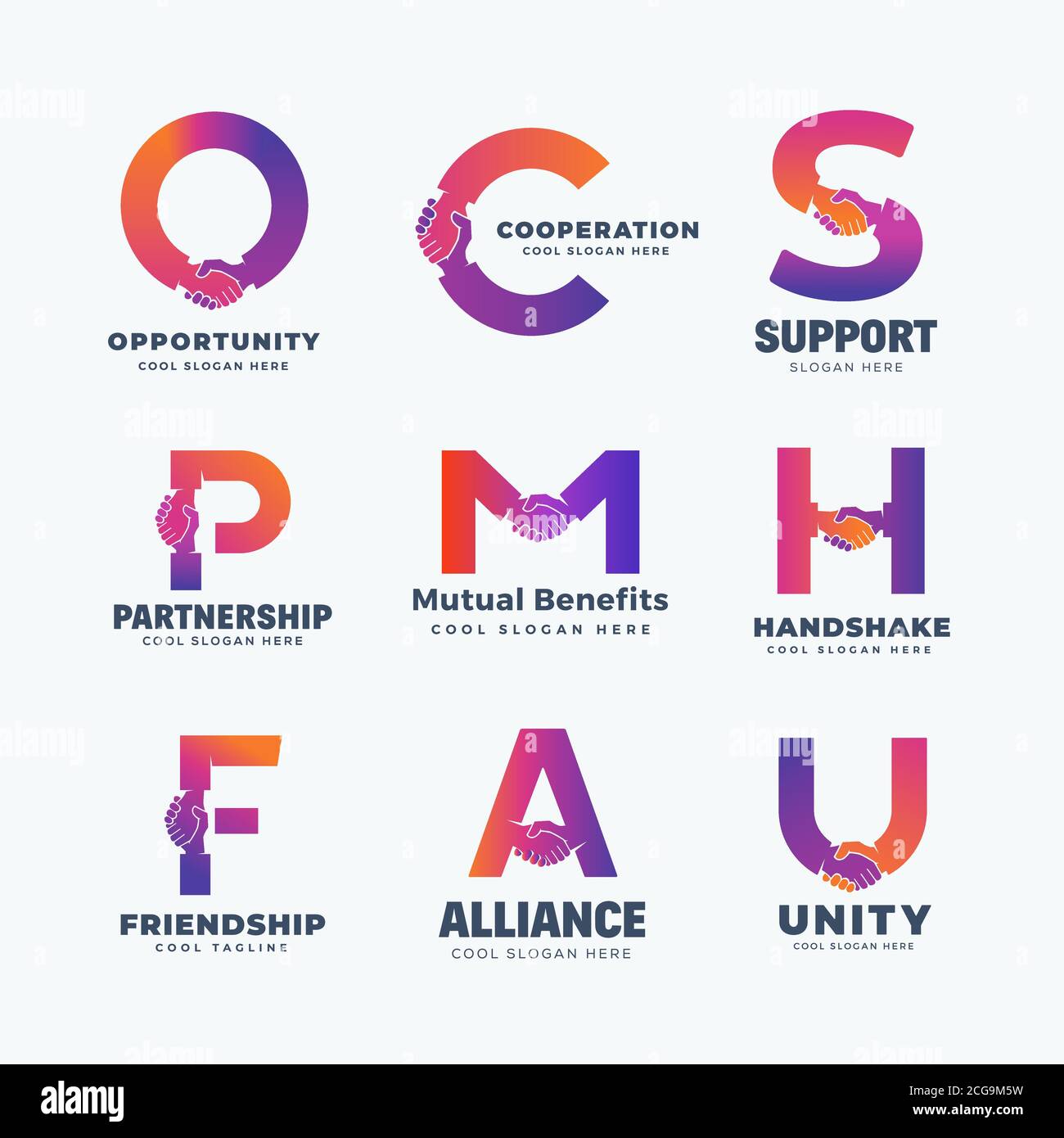 Handshake Letters Abstract Vector Sign, Symbol oder Logo Templates Set. Eine Sammlung von Hand Shake Icon Incorporated in Letters Cooperation Concepts. Stock Vektor
