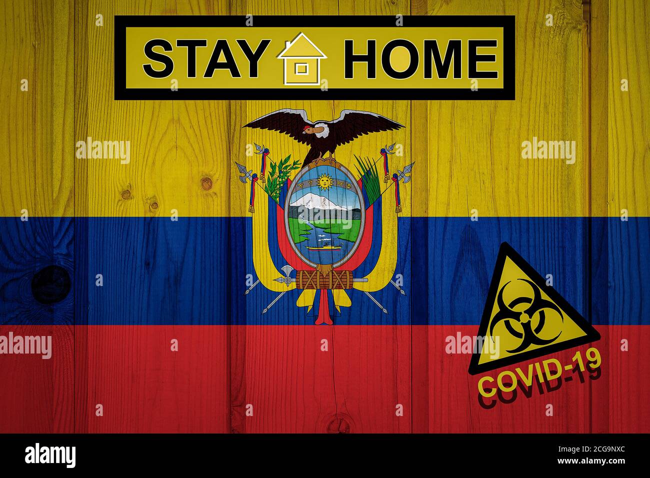 Flagge der Ecuador in Originalproportionen. Quarantäne und Isolation - zu Hause bleiben. Flagge mit Biohazard-Symbol und Inschrift COVID-19. Stockfoto