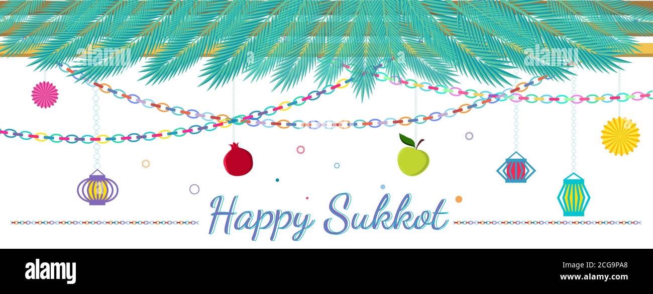 Traditionelle Sukkah für den jüdischen Feiertag Sukkot Vektor Illustration. Happy sukkot auf Hebräisch. Stock Vektor