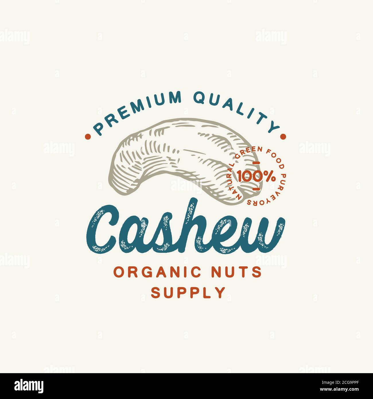 Premium-Qualität Cashew abstrakten Vektor-Zeichen, Symbol oder Logo-Vorlage. Handgezeichnete Cashew Nut Sketch Silhouette mit Retro Typografie und Siegel. Vintage Stock Vektor
