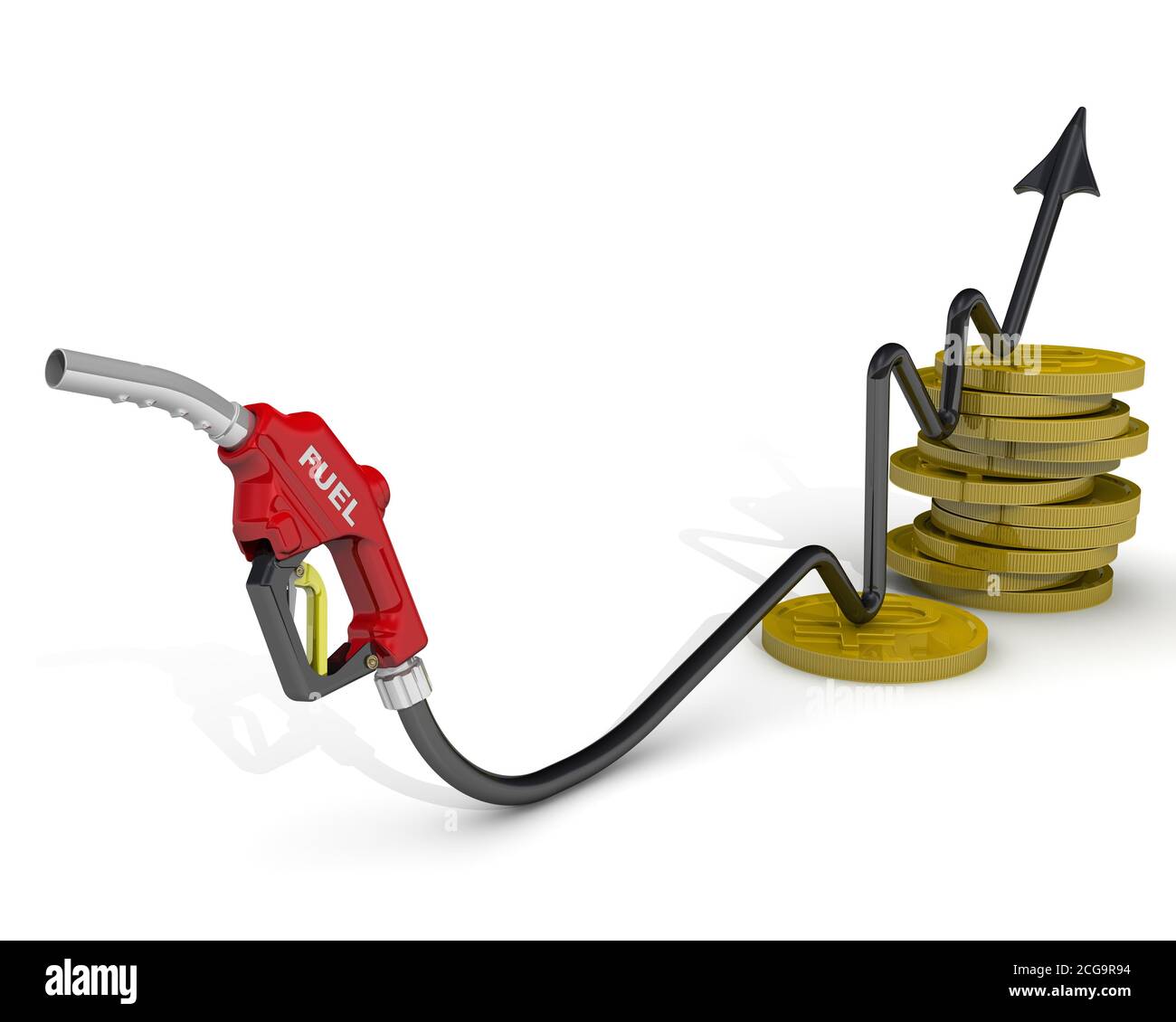 Steigende Kosten für Kraftstoffe. Autolauftankdüse mit Schlauch in Form einer wachsenden Karte mit Münzen der russischen Rubel. Isoliert. 3D-Illustration Stockfoto