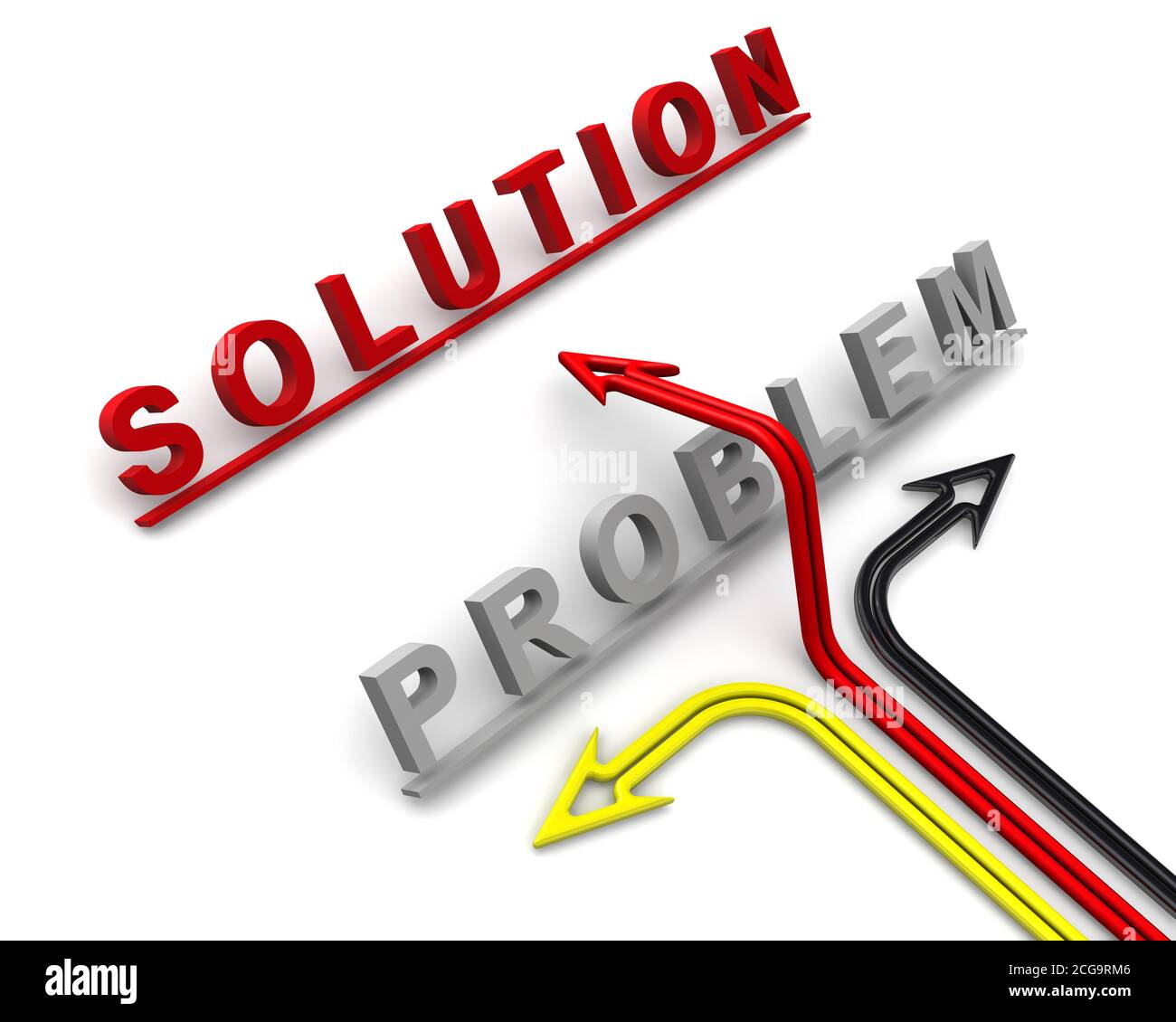 Das Konzept der Problemlösung. Das Wort PROBLEM als Hindernis, rotes Wort LÖSUNG als Ziel. 3D-Illustration Stockfoto