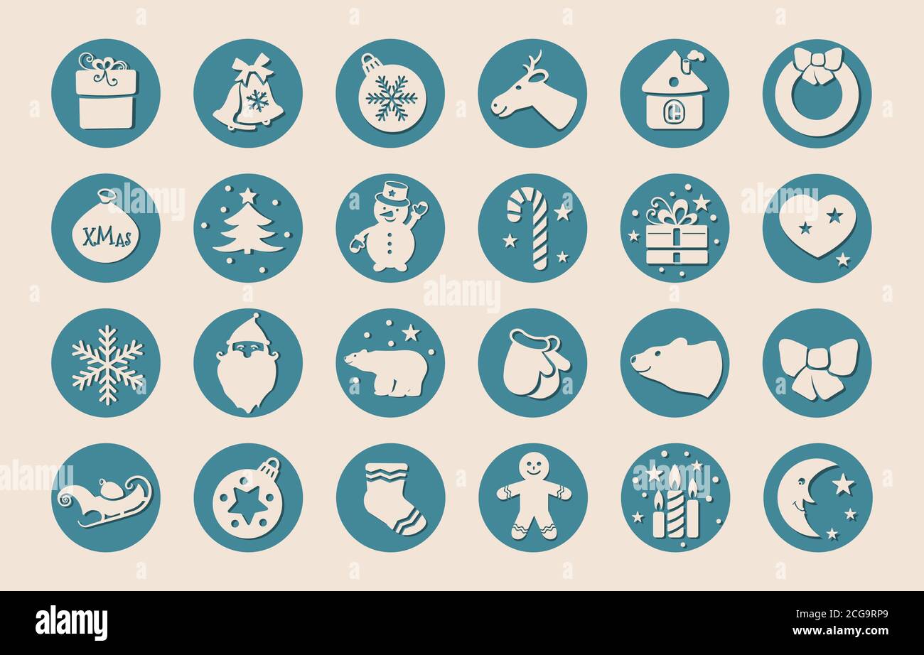 Weihnachtliche flache Symbole für Webdesign und mobile App. Beige Bilder auf blauen Kreisen. Süße weihnachten Zuckerrohr, Lebkuchenhaus, Mann und andere Stock Vektor