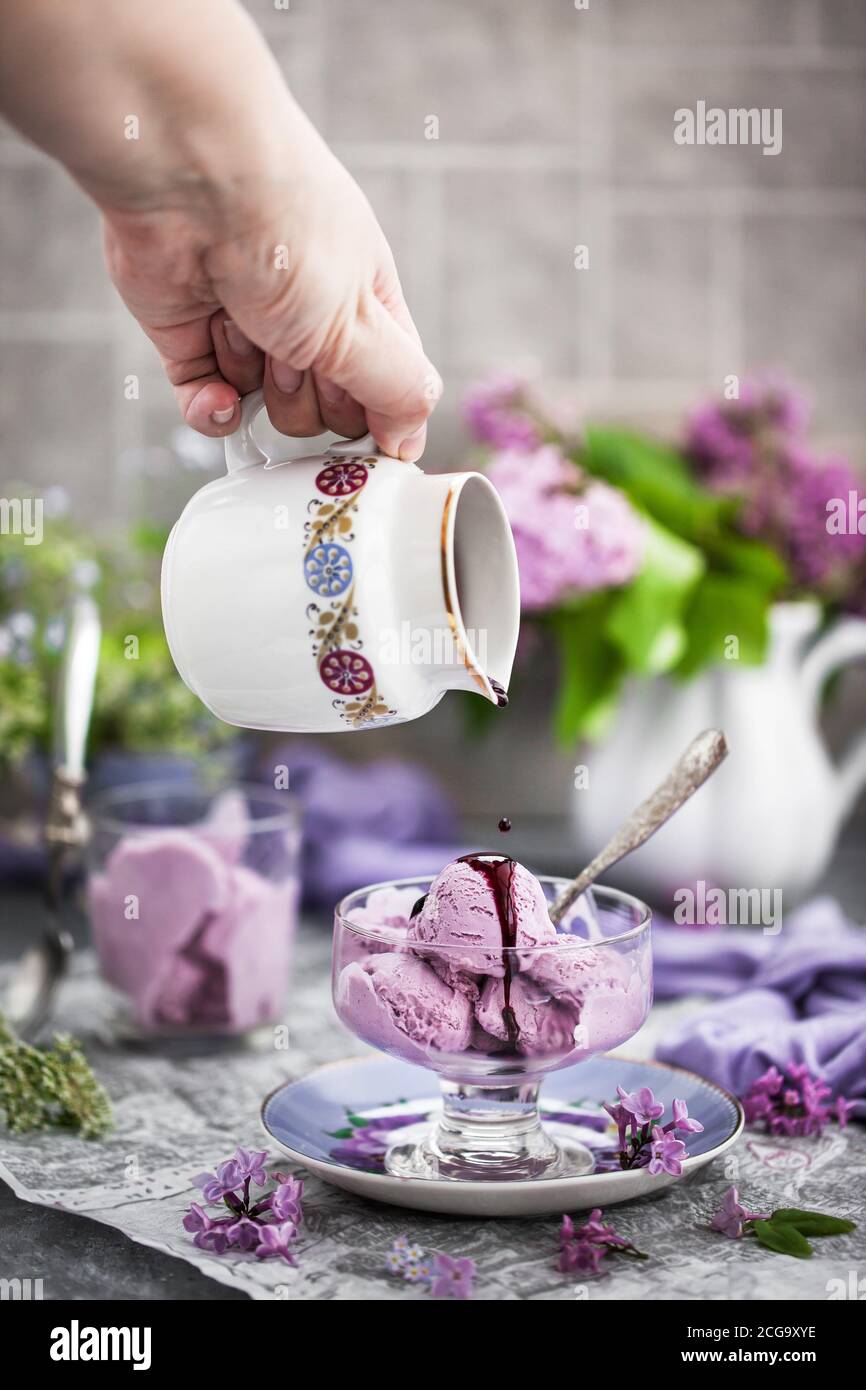 Tasse köstliche hausgemachte Heidelbeer-Eis und Flieder auf Hintergrund Stockfoto