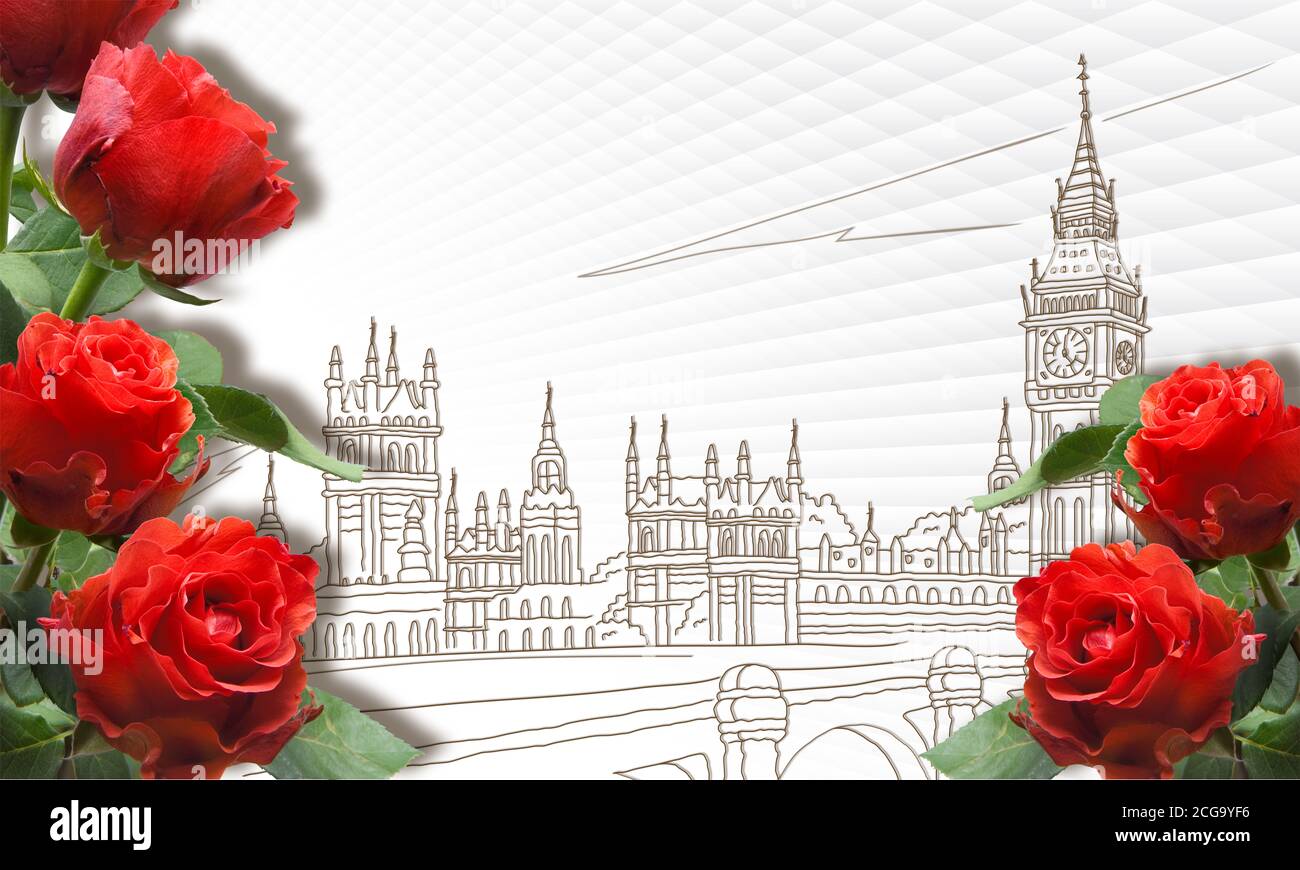 City London, England, Big Ben Vektor und rote Rosen auf weißem abstrakten Hintergrund Stockfoto
