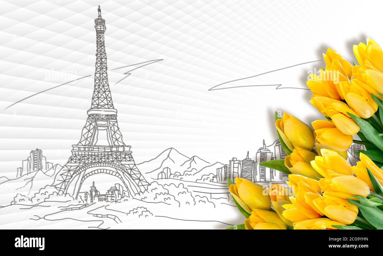 3d-Tapete, Stadt Paris, Frankreich, der Eiffelturm Vektor und gelbe Tulpen auf weißem abstrakten Hintergrund. Stockfoto