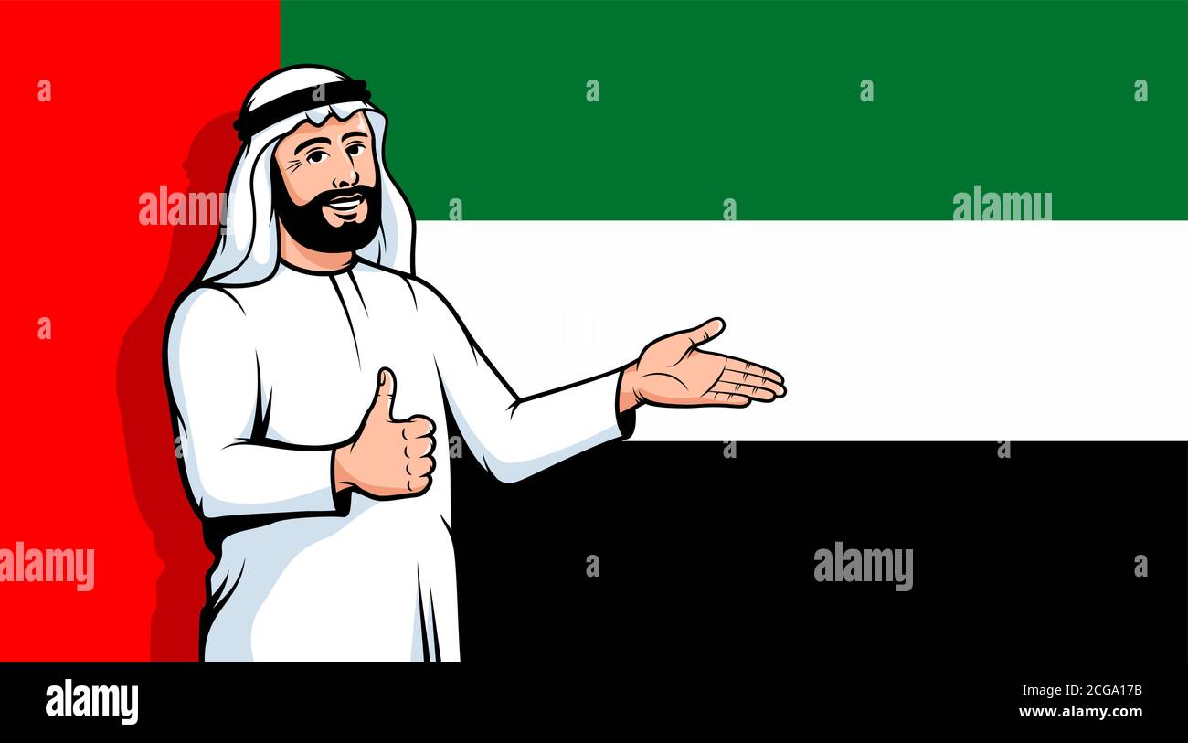 Araber Daumen nach oben auf VAE Flagge Hintergrund Stock Vektor