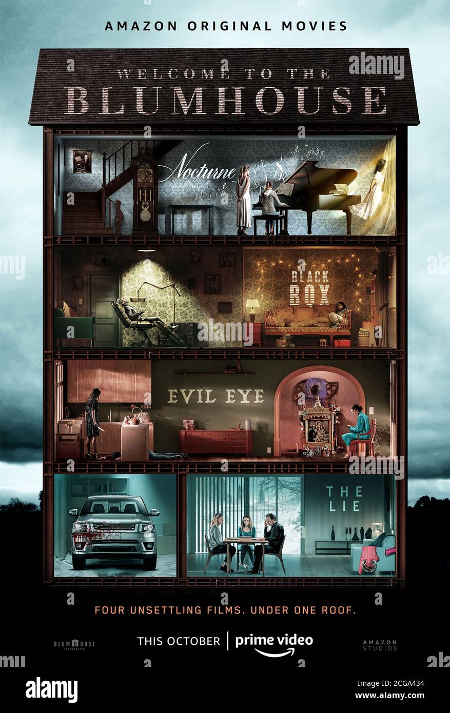 Willkommen im Blumhouse (2020) mit vier Original-Horrorfilmen rund um die Familie und Liebe wegen Hit Amazon Prime Video gerade rechtzeitig für Halloween. Stockfoto