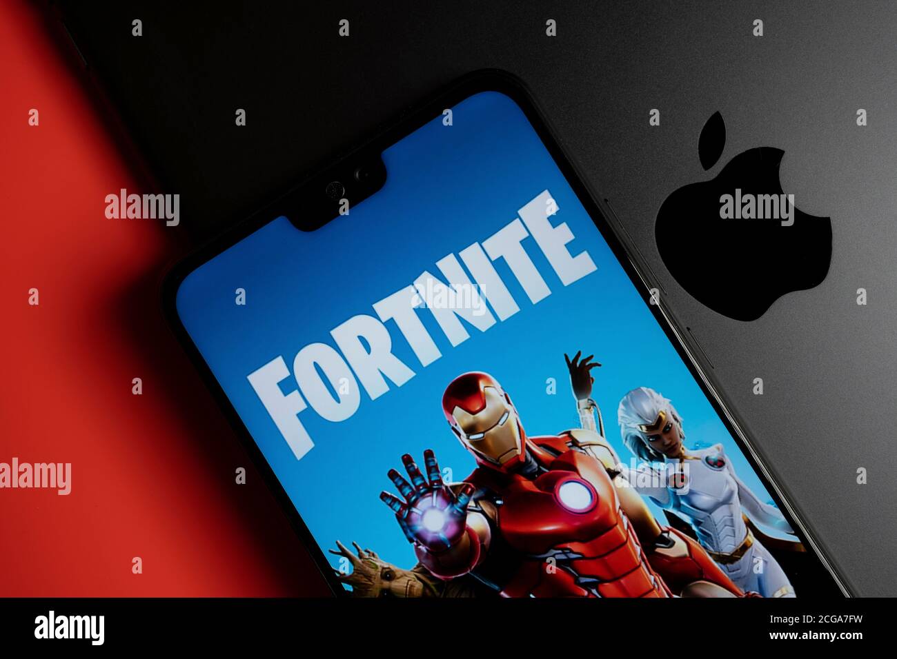 Fortnite Login-Bildschirm von Epic Games auf dem Smartphone auf Apple ipad platziert gesehen. Epic Games vs Apple Klage Konzept. Stockfoto