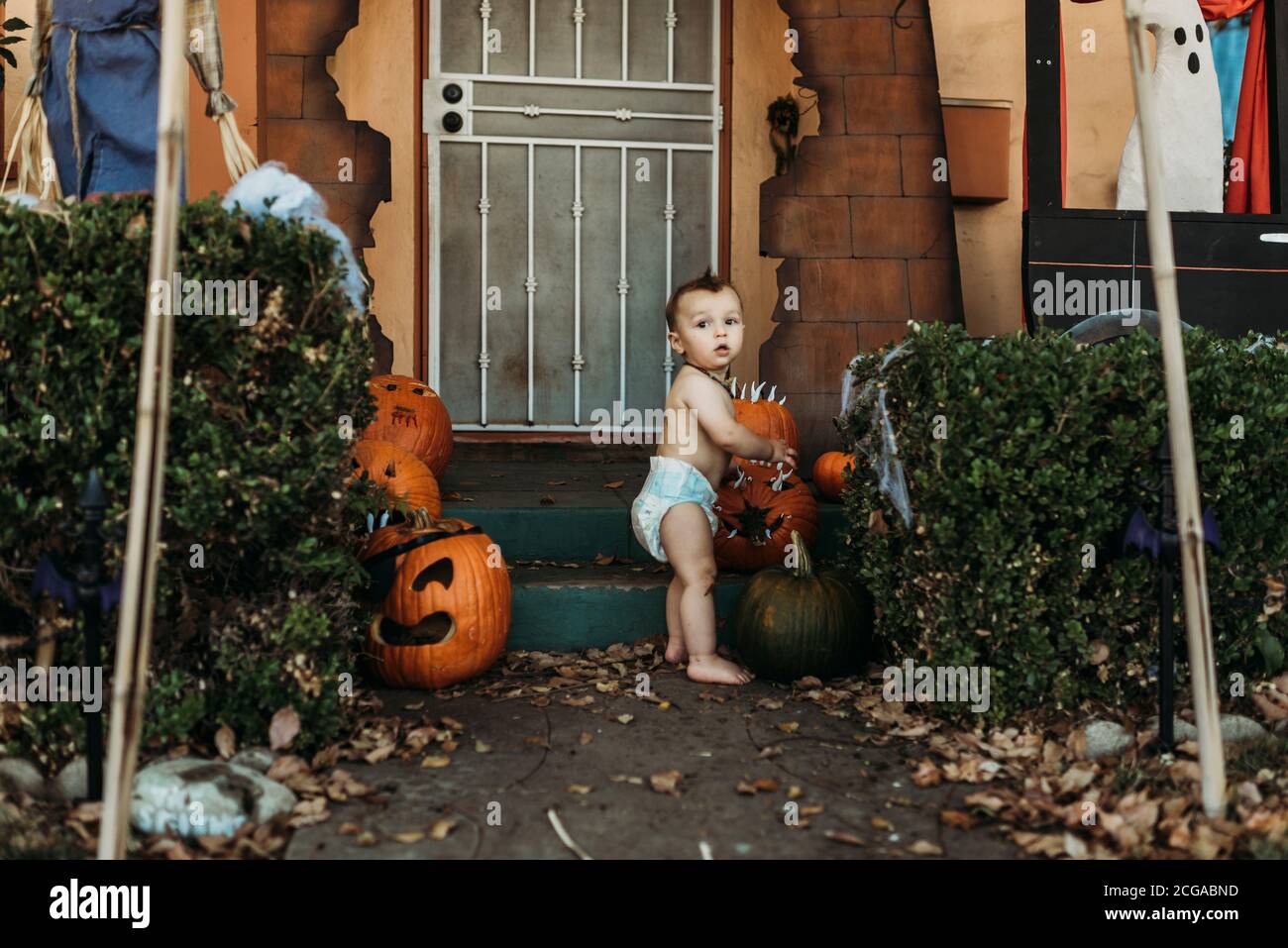 Baby Kleinkind Junge in Windel mit Halloween-Dekorationen im Herbst Stockfoto