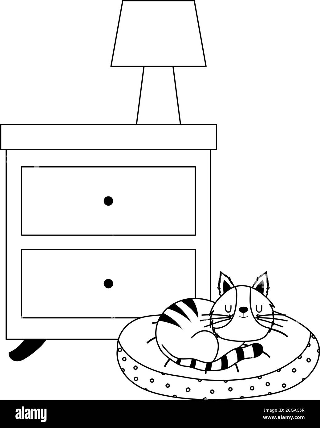 Beistelltisch mit Lampe und Katze schlafen in Kissen isoliert Vektordarstellung im Symbollinienstil Stock Vektor