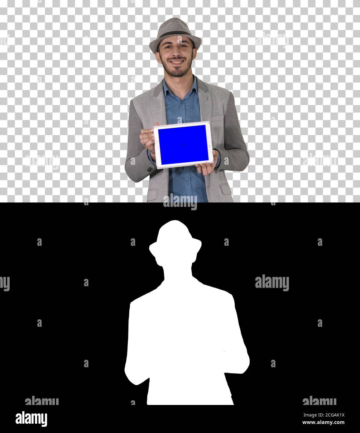 Casual Mann in einem Hut zu Fuß und zeigt digitale Tablet-Kamera, Alpha Channel Stockfoto