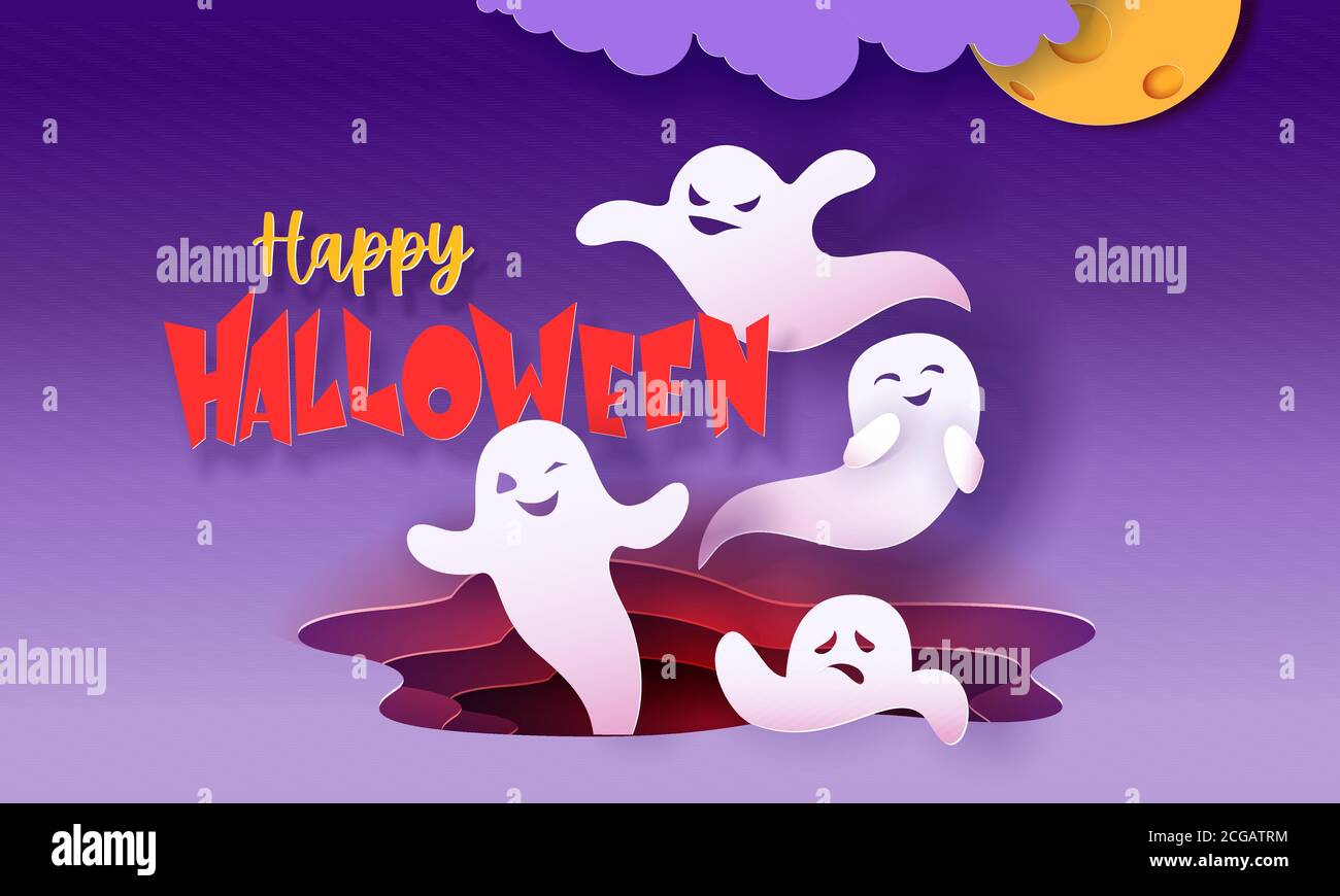 Happy halloween Banner mit Geistern fliegen und mit Mond und Wolke. Papierschnitt-Design. Vektorgrafik. Stock Vektor