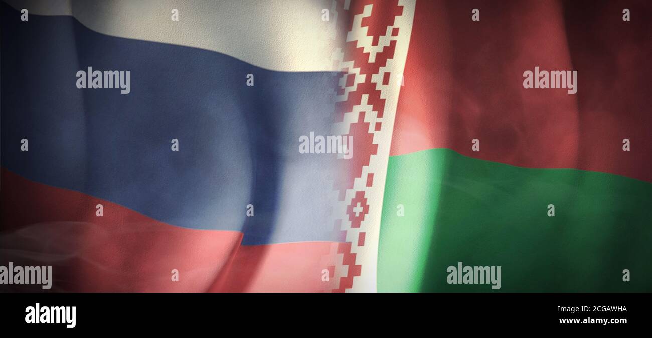 Flagge Bilder des Konzepts der internationalen Beziehungen zwischen Russland und Belarus. Stockfoto