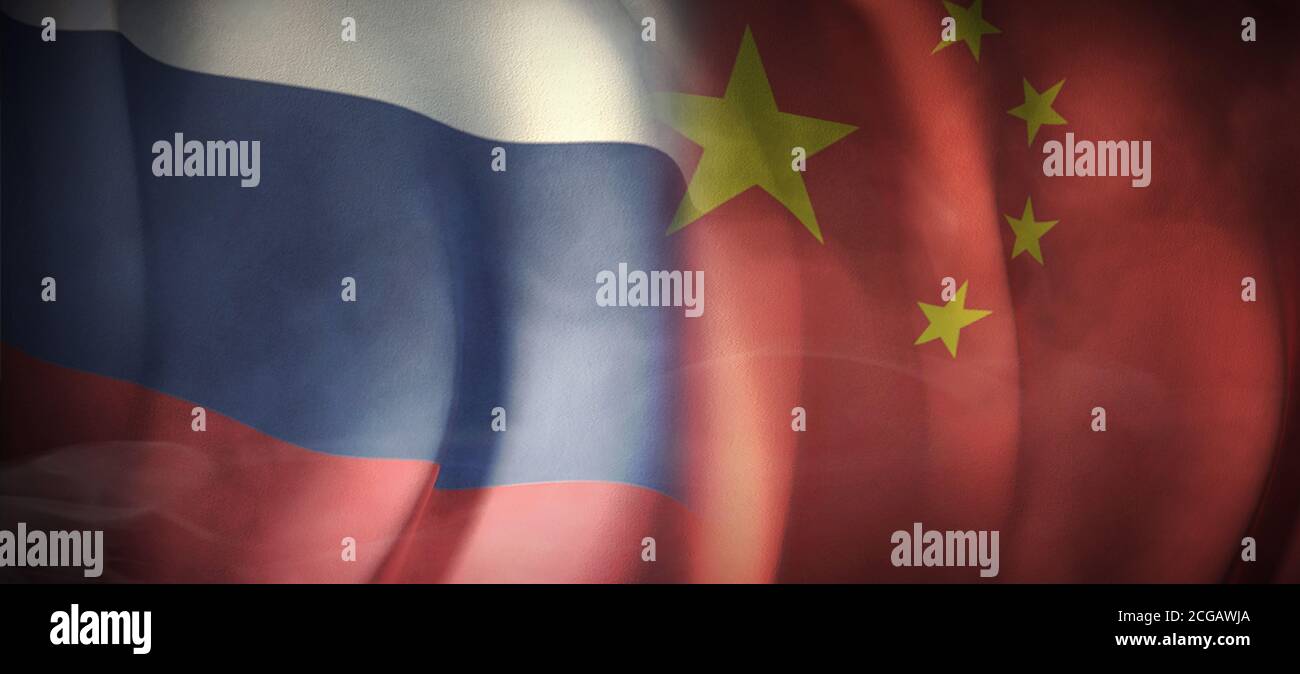 Flagge Bilder des Konzepts der internationalen Beziehungen zwischen Russland und China. Stockfoto