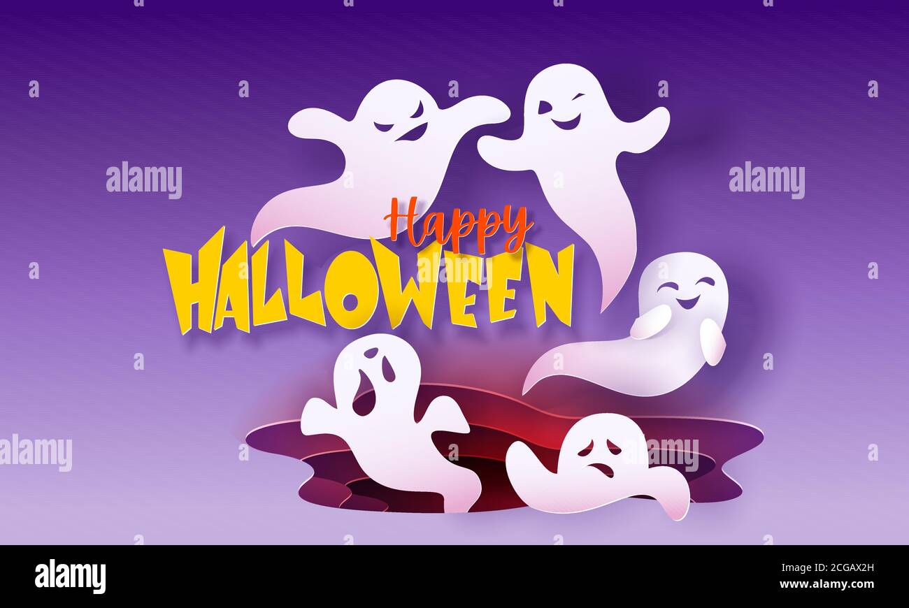 Happy halloween Banner mit Geistern fliegen. Papierschnitt-Design. Vektorgrafik. Stock Vektor