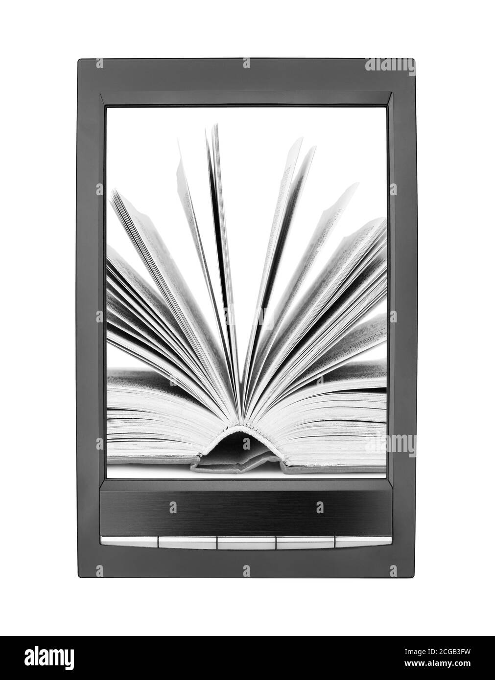 Öffnen Sie Papier Buch Umblättern Seiten auf elektronische Buch-Display weißen Hintergrund isoliert Nahaufnahme, Lehrbuch Umblättern Seiten auf E-Book-Bildschirm, E-Reader Tablet Stockfoto