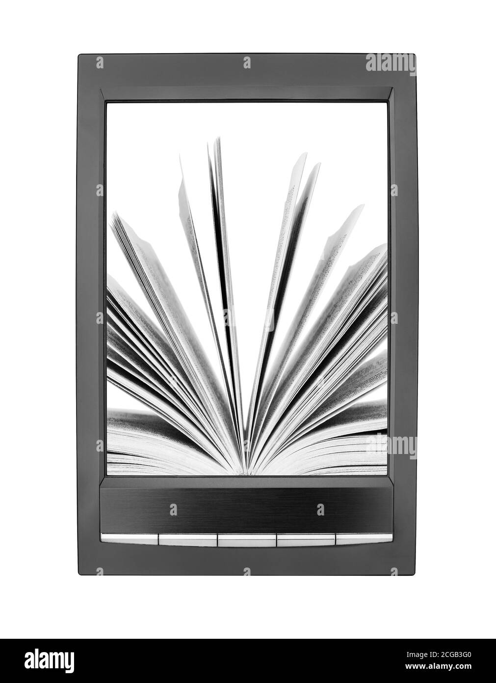 Öffnen Sie Papier Buch Umblättern Seiten auf elektronische Buch-Display weißen Hintergrund isoliert Nahaufnahme, Lehrbuch Umblättern Seiten auf E-Book-Bildschirm, E-Reader Tablet Stockfoto