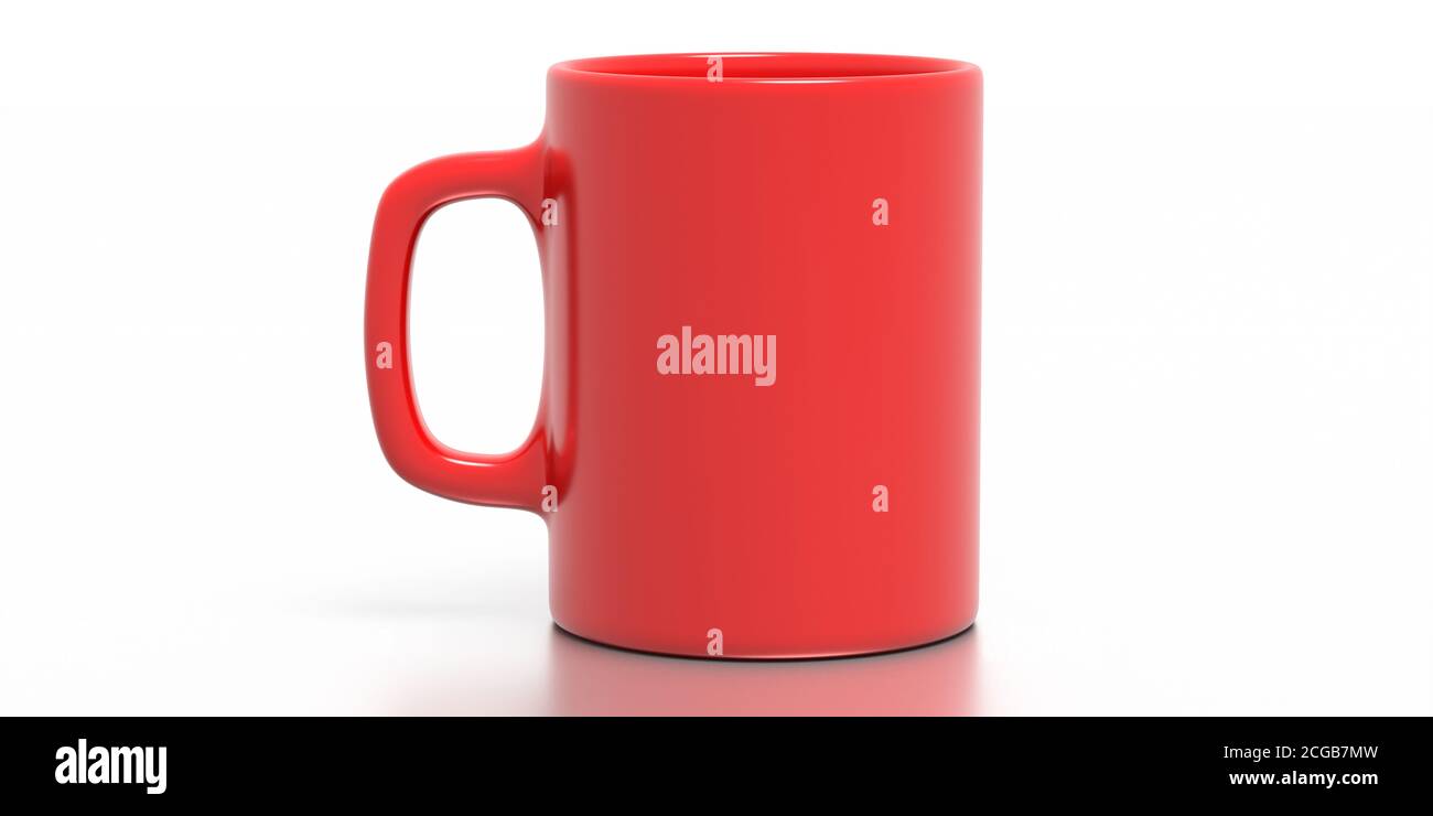 Kaffeetasse isoliert vor weißem Hintergrund. Heißgetränkebecher Mockup. Rote Farbe leere Tasse mit linkem Griff werben, Branding-Vorlage. 3d-Illustration Stockfoto