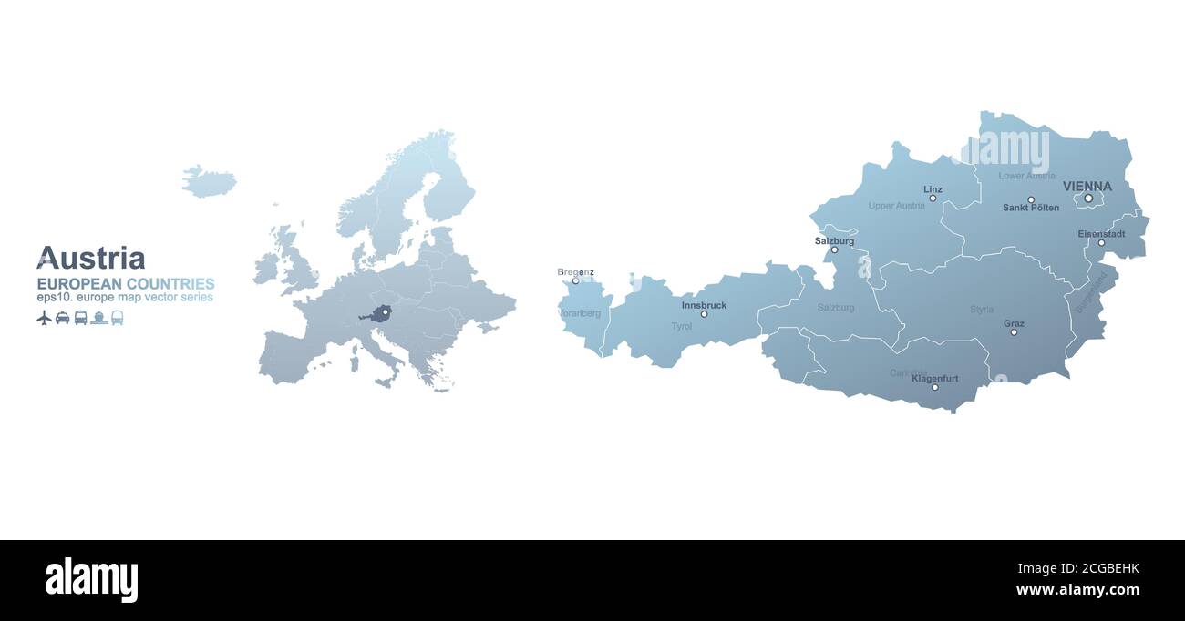 Österreich-Karte. Blaue Gradientenvektorkarte der europäischen Länder. Stock Vektor