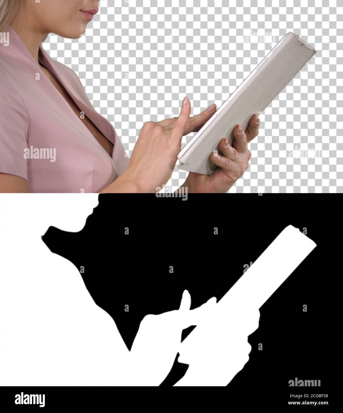Weibliche Hände mit Tablet, Alpha Channel Stockfoto