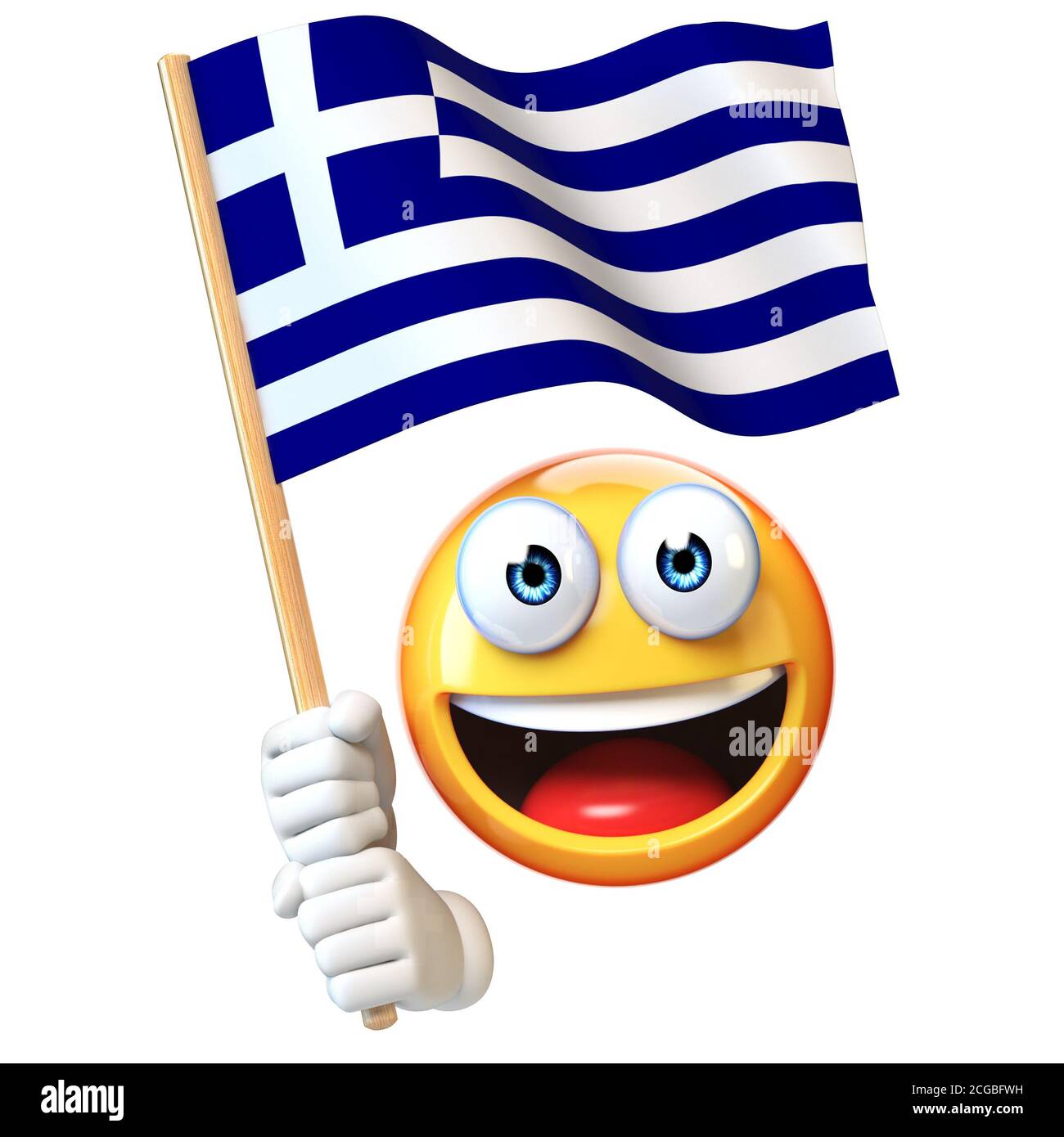 Emoji hält griechische Flagge, Emoticon winkt Nationalflagge von Griechenland 3d Rendering Stockfoto