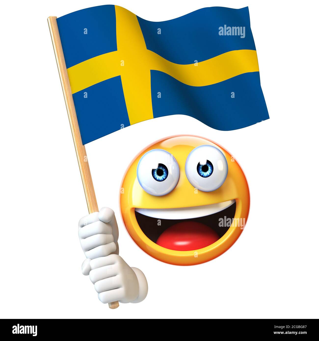 Emoji hält schwedische Flagge, Emoticon winkt Nationalflagge von Schweden 3d-Rendering Stockfoto