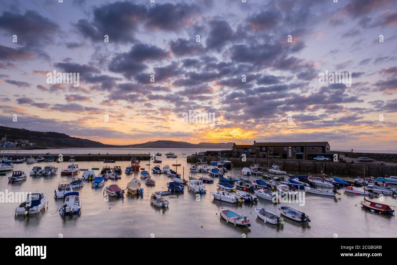 Lyme Regis, Dorset, Großbritannien. September 2020. UK Wetter: Ein schöner herbstlicher Sonnenaufgang an einem kühlen Morgen im Küstenort Lyme Regis, als hoher Druck in die Region zieht und trockene und besiedelte Bedingungen vor einer vorhergesagten Mini-Hitzewelle bringt. Kredit: Celia McMahon/Alamy Live Nachrichten Stockfoto