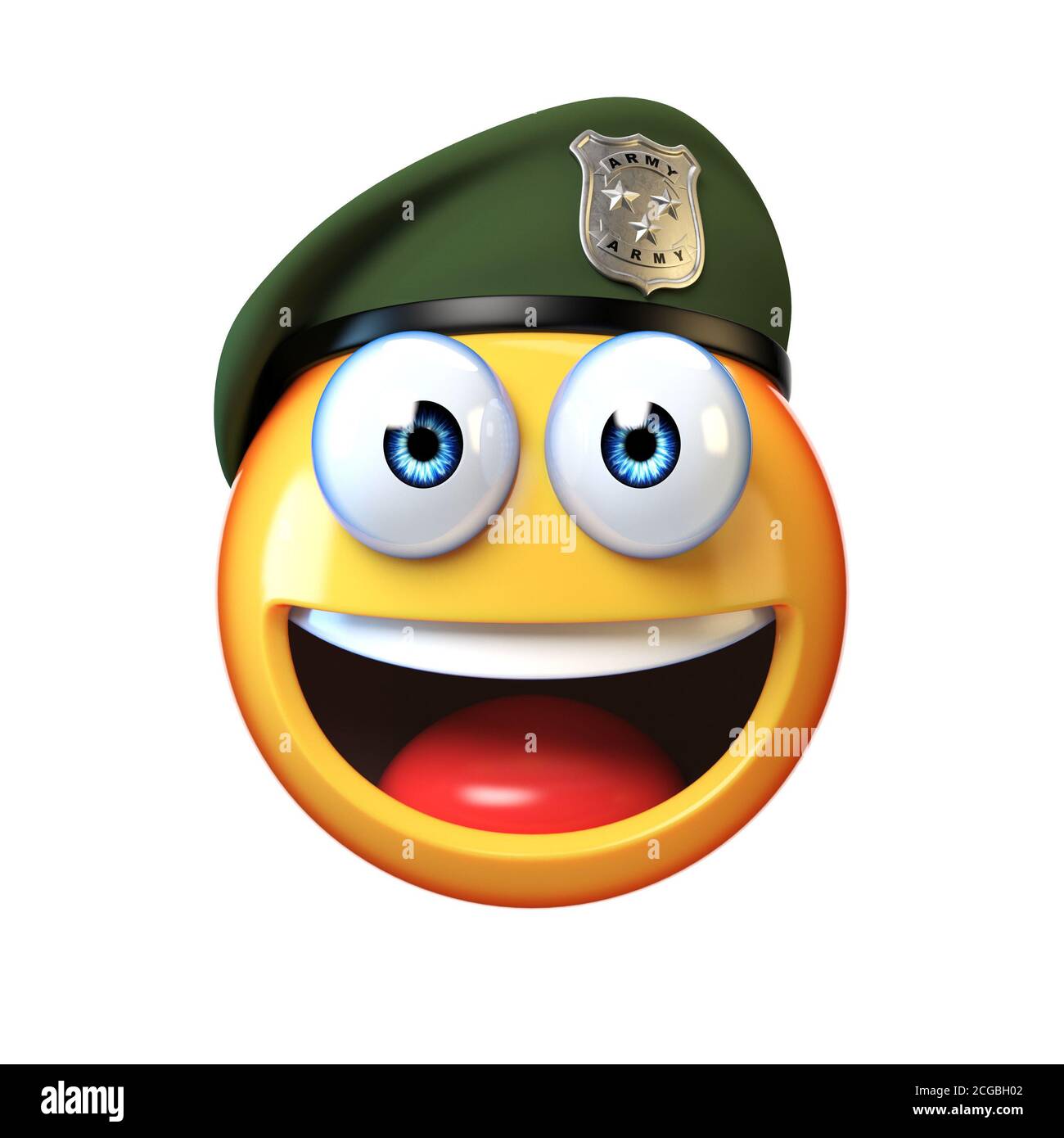 Emoji Armee Solider isoliert auf weißem Hintergrund, militärische Emoticon trägt Baskenmütze Saluting 3d-Rendering Stockfoto