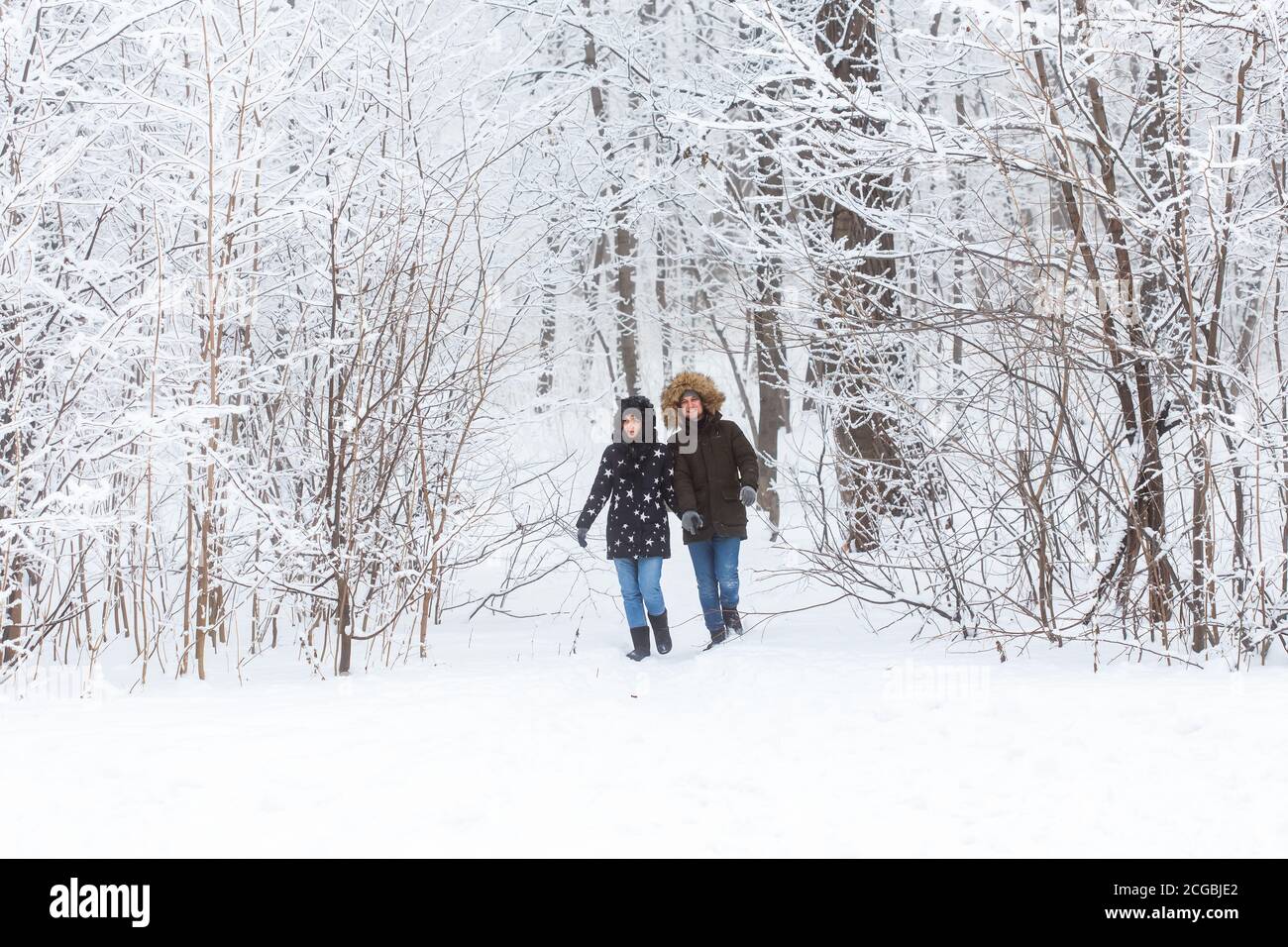 Junges Paar, das in einem verschneiten Park spazierengeht. Wintersaison. Stockfoto