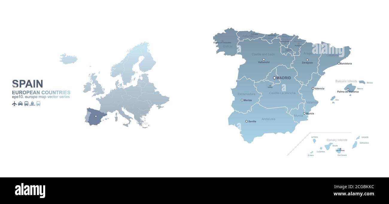 Spanien-Karte. Blaue Gradientenvektorkarte der europäischen Länder. Stock Vektor