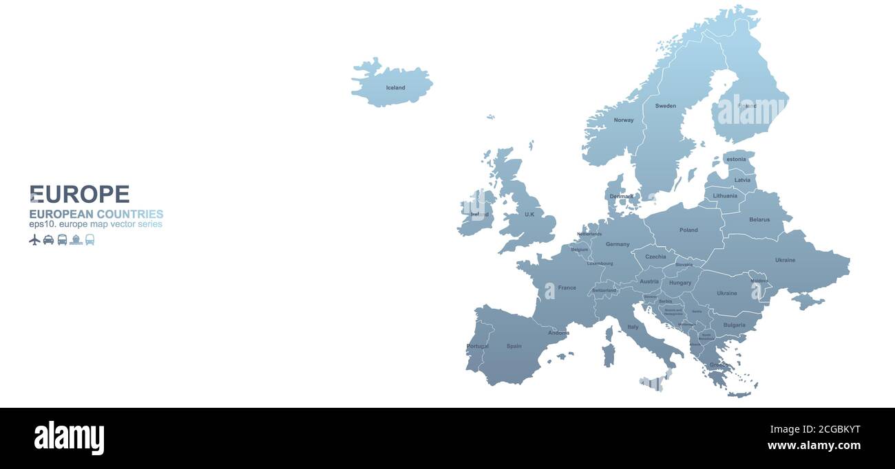 Europa-Kontinent-Karte. Blaue Gradient-Vektor-Karte der europäischen Länder. Stock Vektor